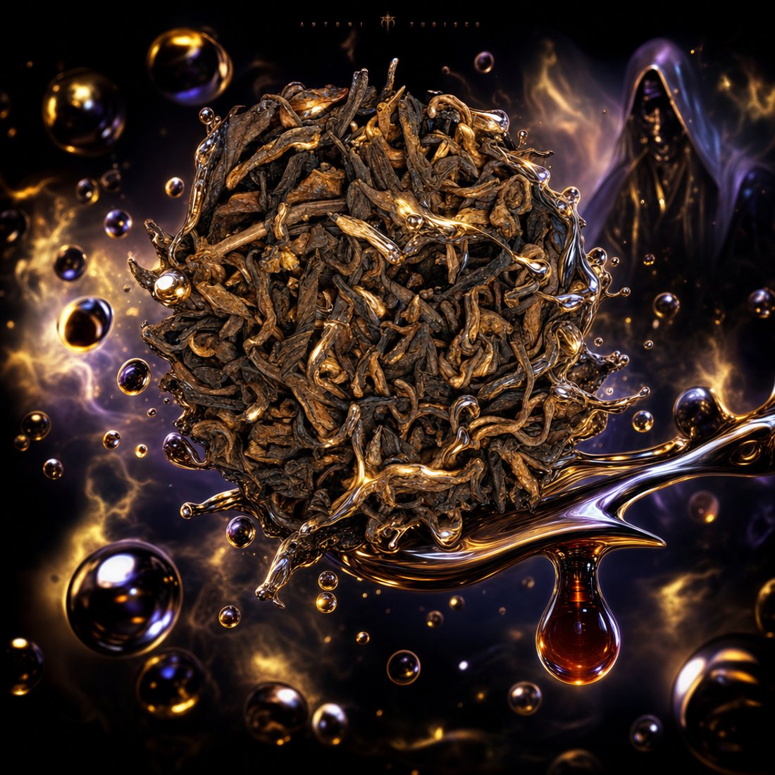 Iridescent chrome tea bowl with a falling drop of dark infusion and tea nuggets floating around it